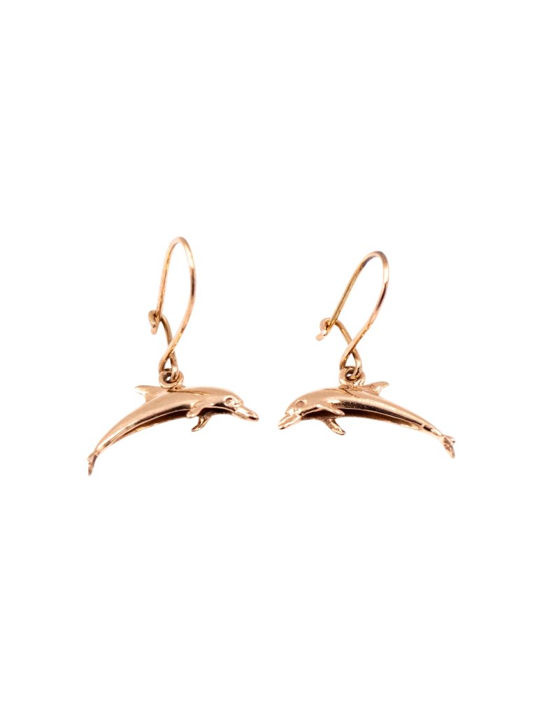 14k Yellow Gold Dolphin 1 Inch Dangle Earrings Beach Ocean Jewelry